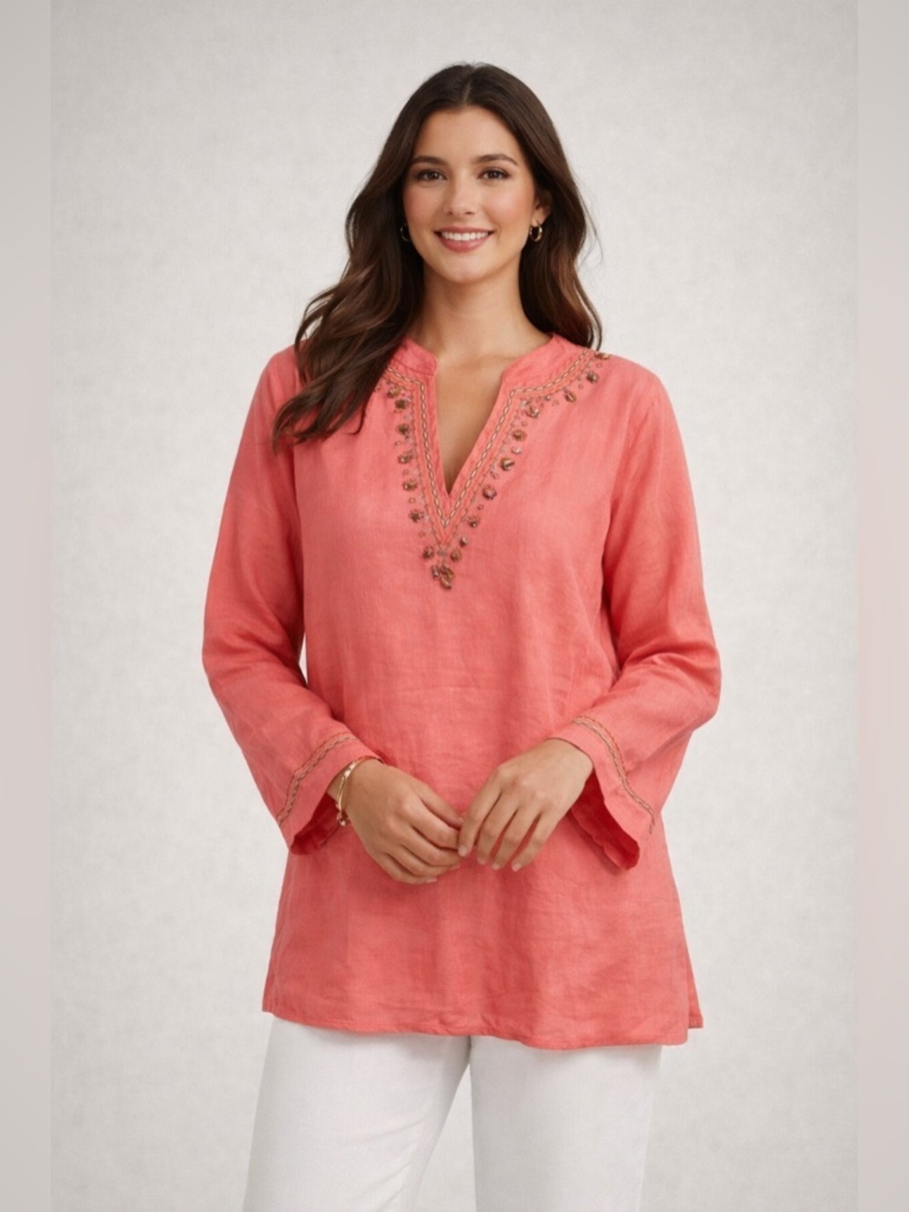 Rafaella Linen Coral Top Beaded Vneck‎ Embroidered Long sleeve Lightweight 12P